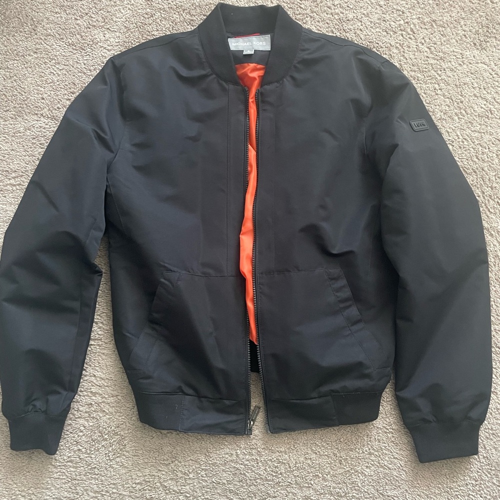 Michael Kors Black and Orange Varsity Bomber Jacket